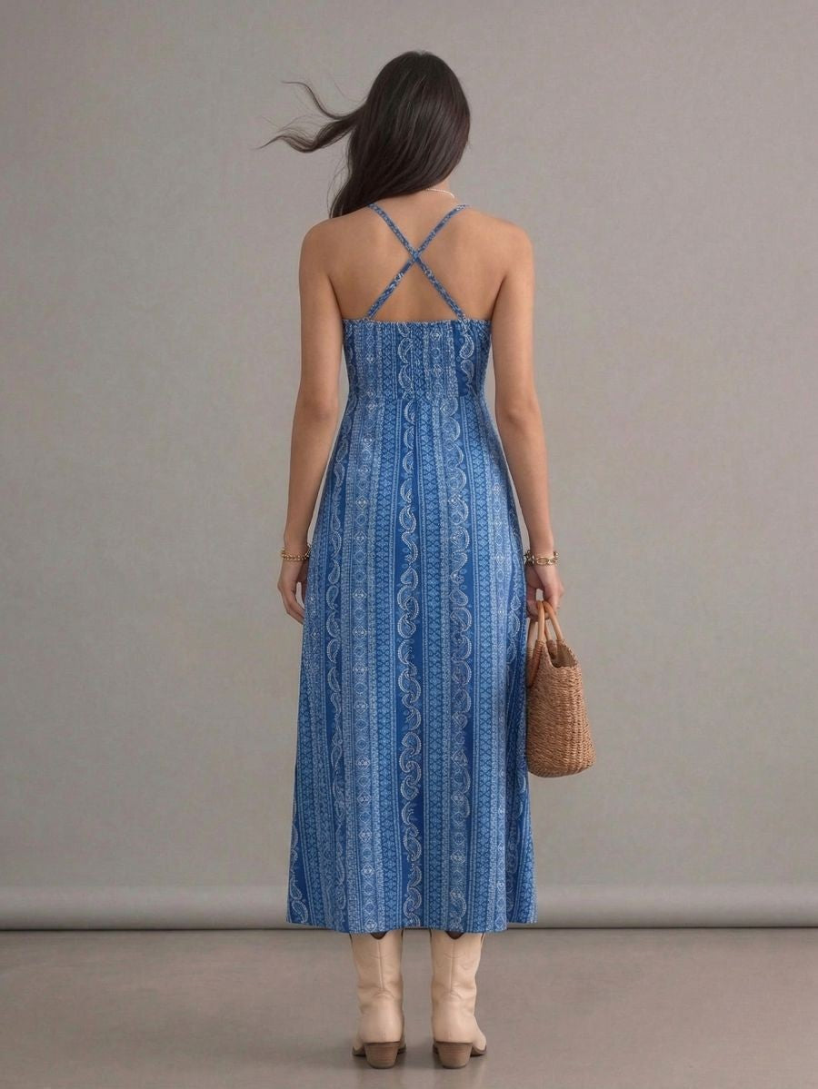 Robe longue bohème bleue dos nu à motifs col en V