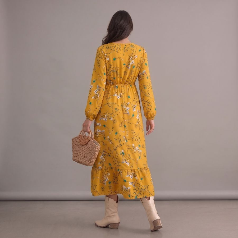 Robe bohème jaune fleurie à col rond et manches longues