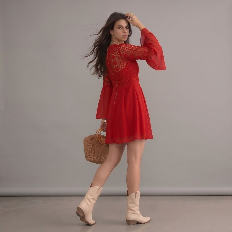 Robe bohème rouge en dentelle à col en V et manches longues