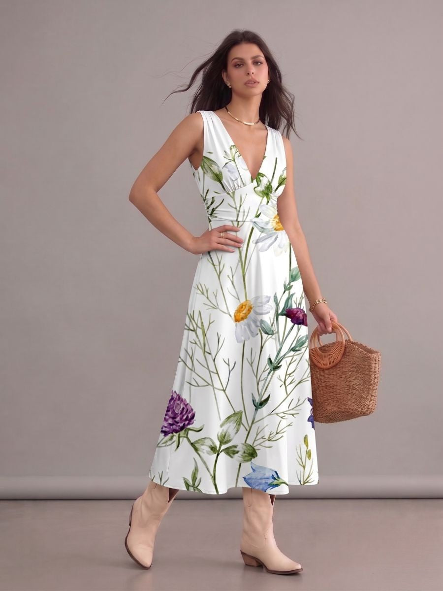Robe bohème chic blanche fluide à imprimé fleurs sauvages, col en V