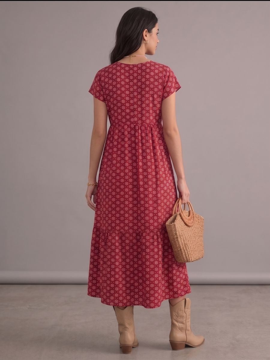 Robe bohème rouge midi à imprimé ethnique, col en V, manches chauve-souris