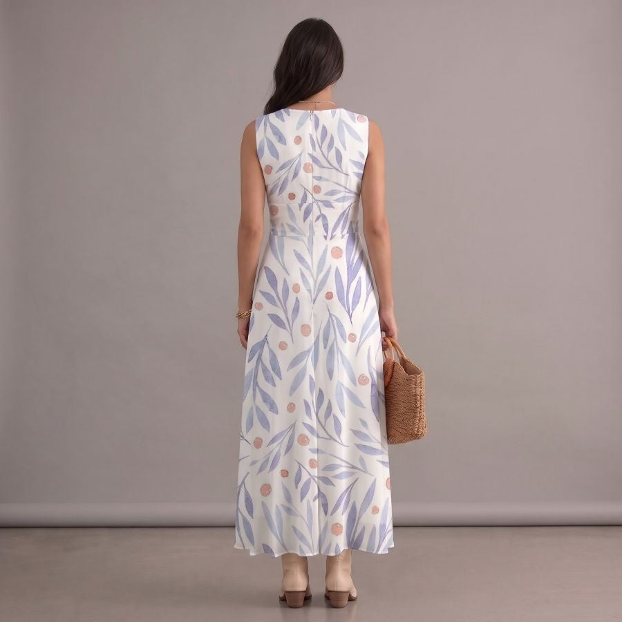 Robe bohème blanche fluide à imprimé feuilles, col en V, sans manches
