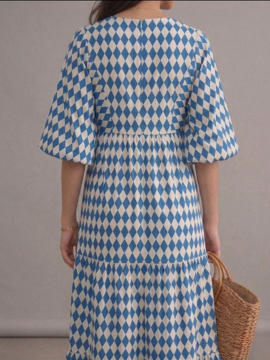 Robe longue bohème bleue à carreaux imprimés