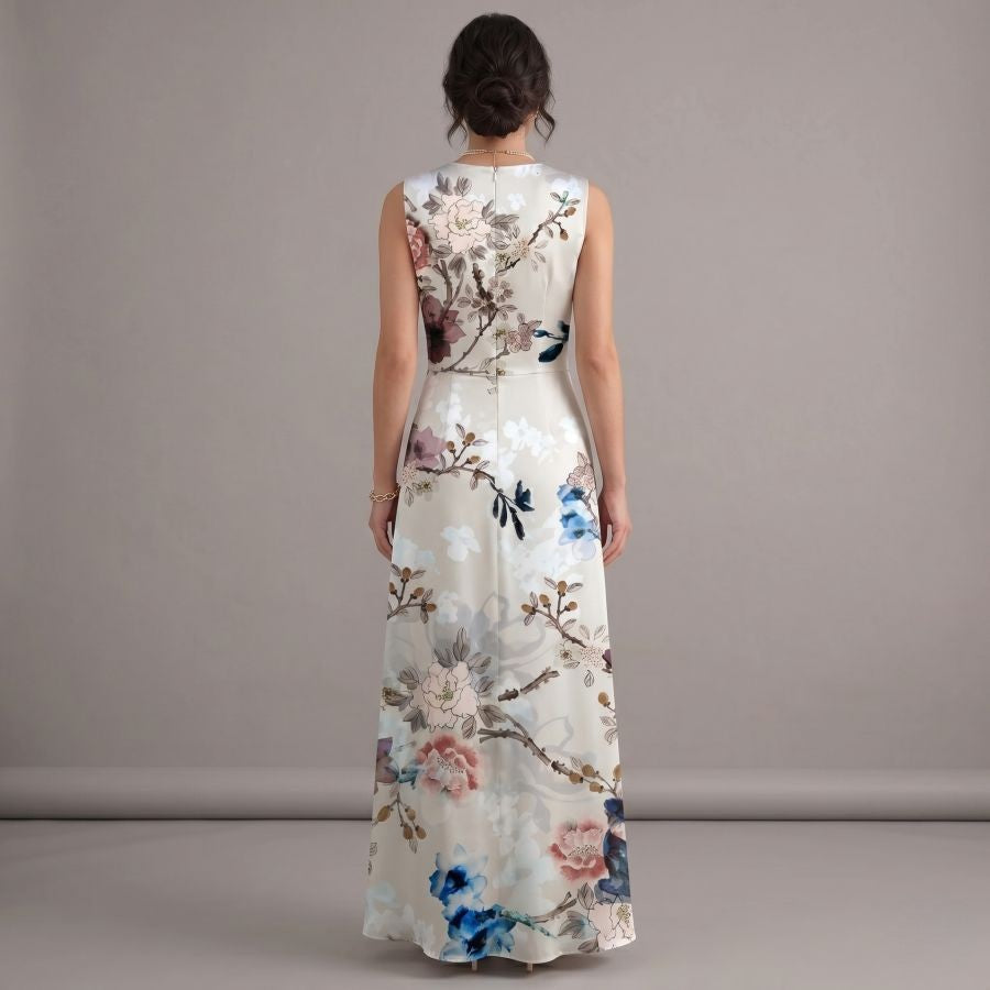 Robe bohème chic blanche fluide à imprimé floral romantique, col en V