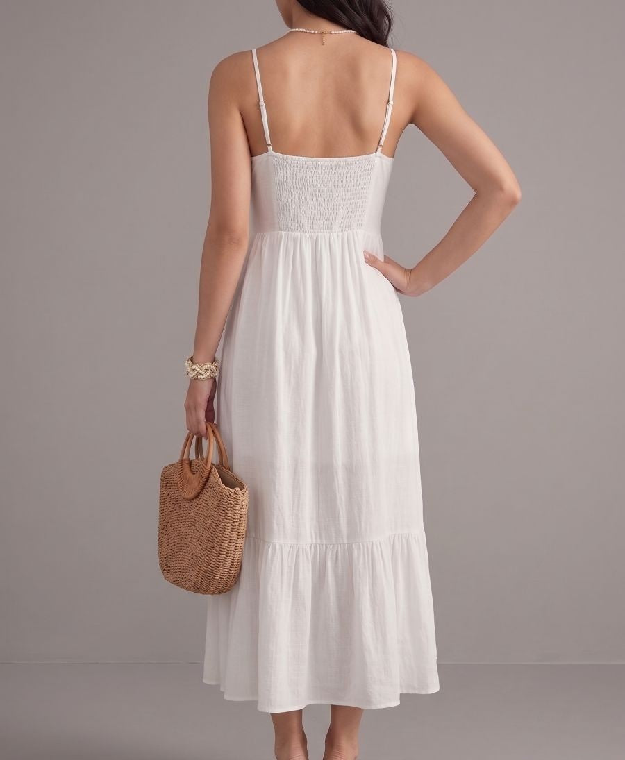Robe longue bohème blanche chic boutonnée fendue à bretelles fines