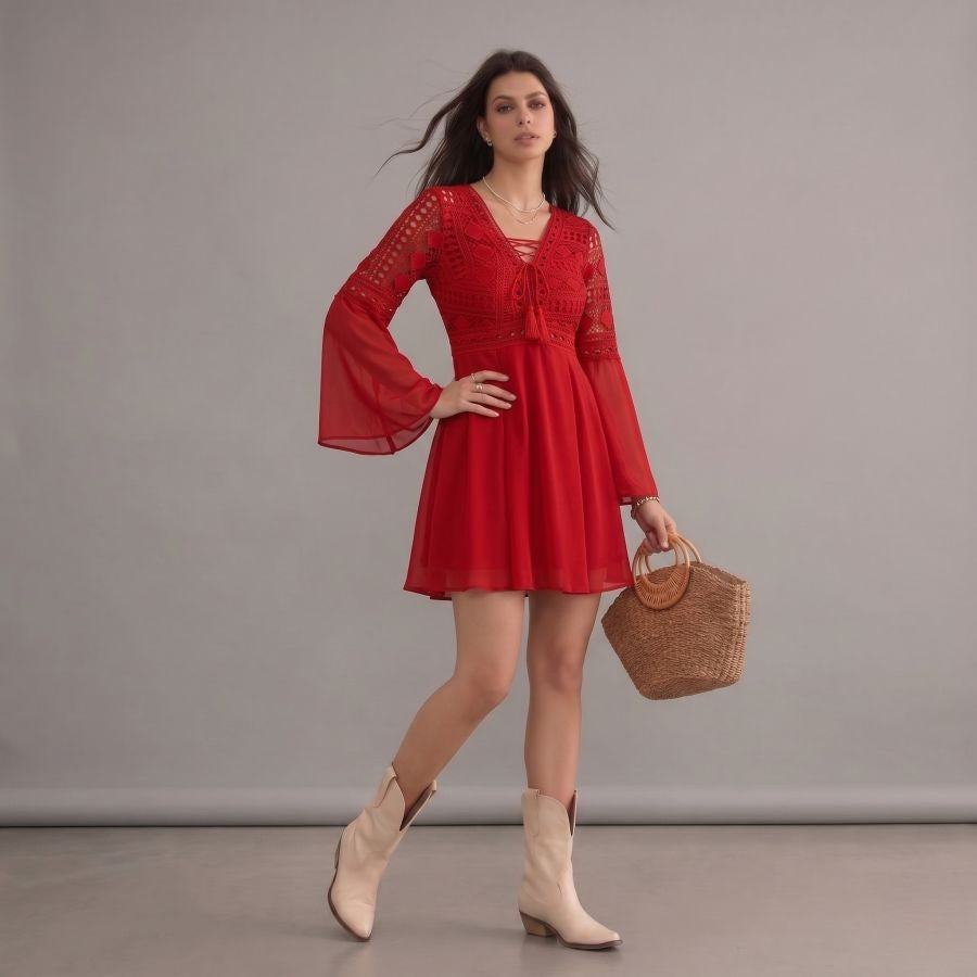Robe bohème rouge en dentelle à col en V et manches longues
