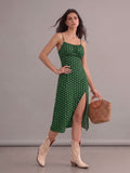 Robe bohème verte à pois à bretelles fines et fente