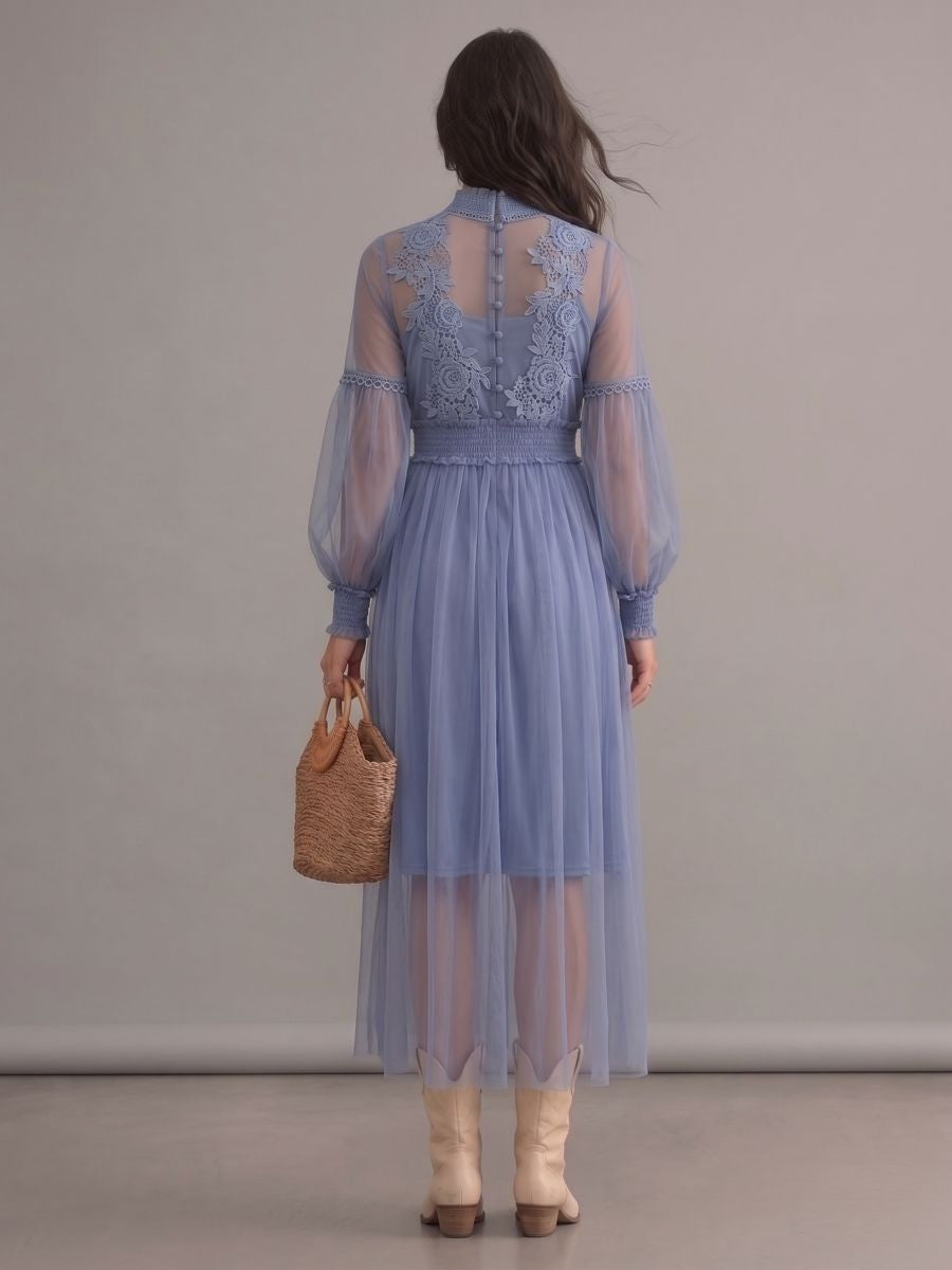 Robe bohème grande taille bleue en dentelle à fleurs, col rond