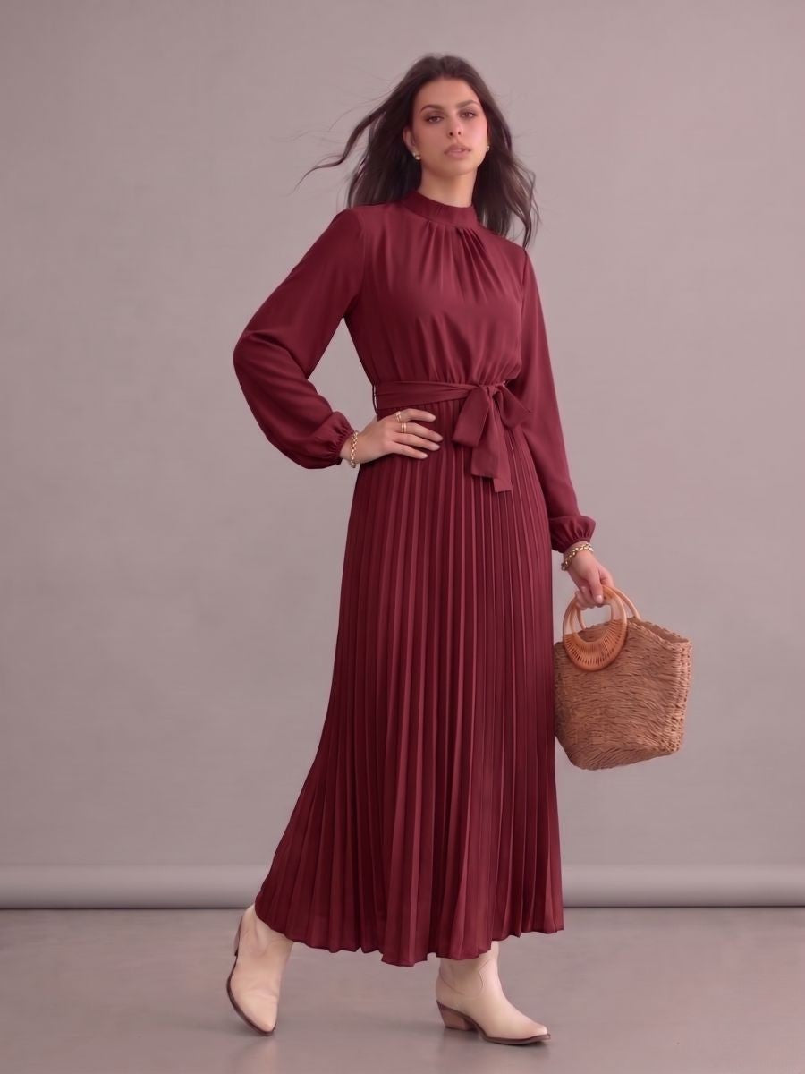 Robe longue bohème chic rouge plissée à manches longues