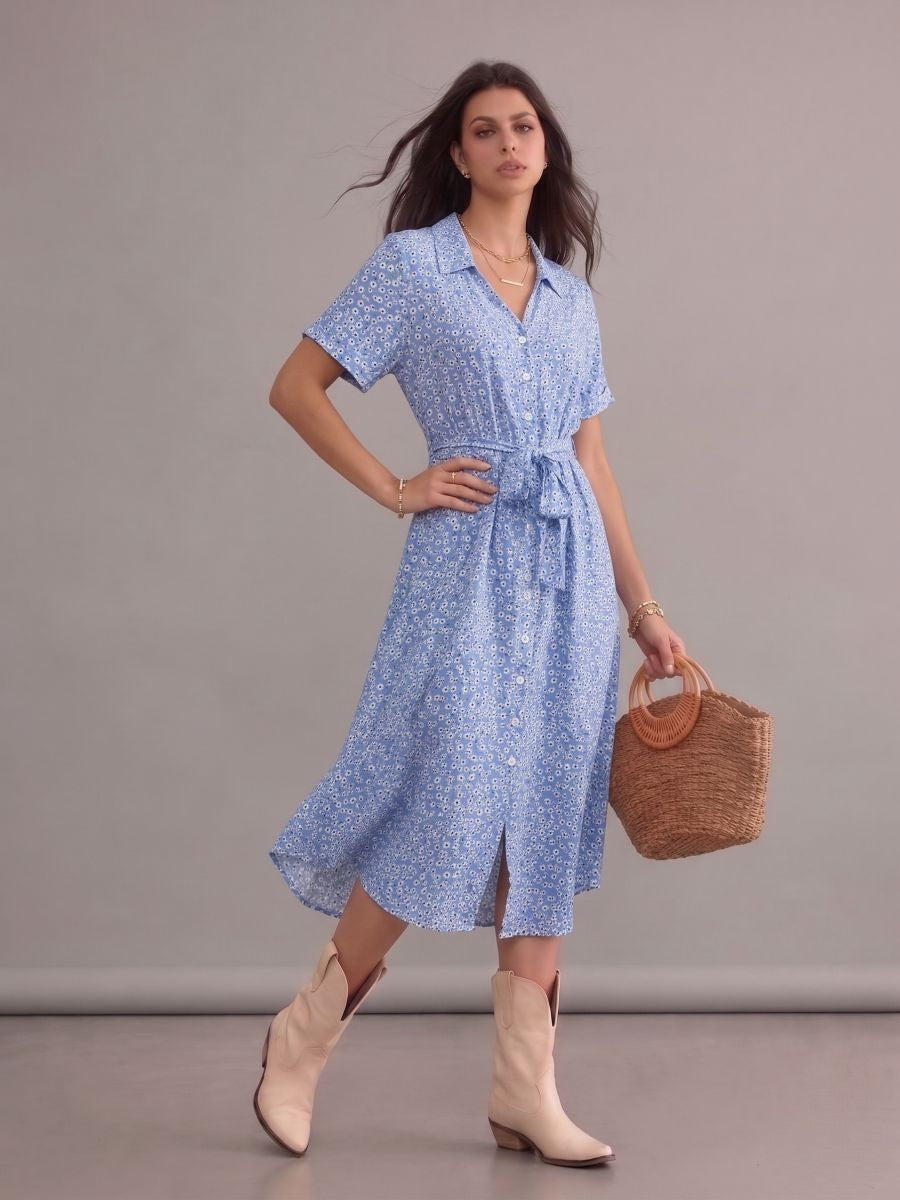 Robe bohème bleu ciel midi à imprimé fleuri, col en V, manches courtes, ceinturée