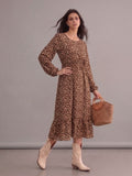 Robe bohème marron fleurie à col rond et manches longues