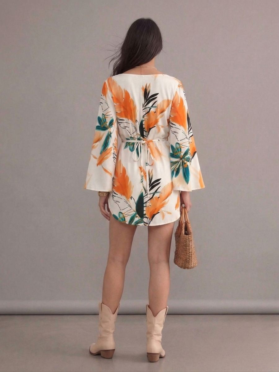 Robe bohème blanche et orange col en V manches chauve-souris imprimées