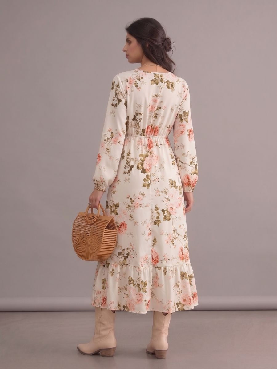 Robe bohème beige fleurie à col rond et manches longues