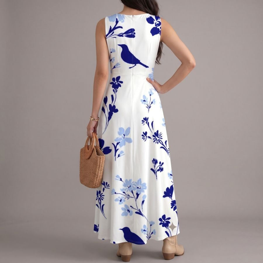 Robe longue bohème chic blanche fluide à imprimé floral bleu, col en V