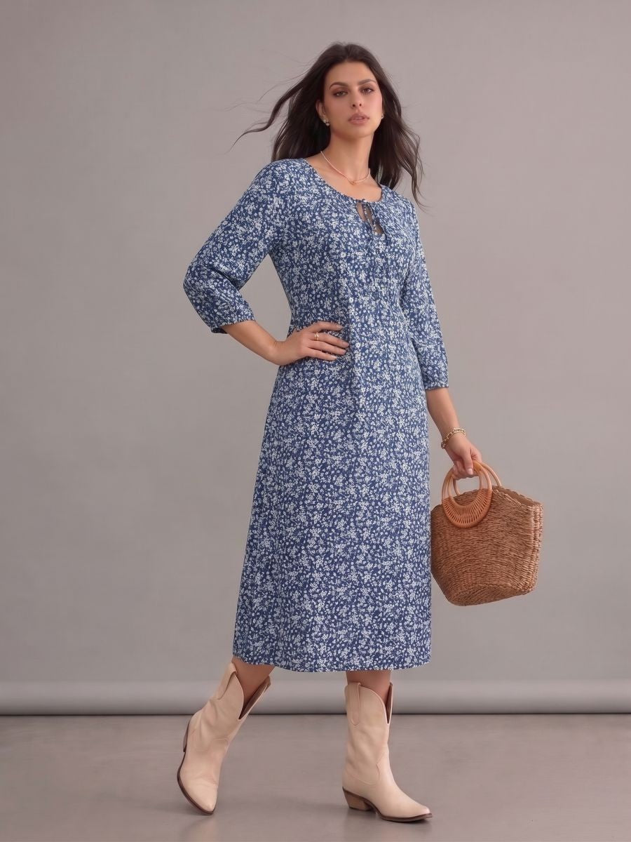 Robe bohème grande taille bleue à fleurs, col rond