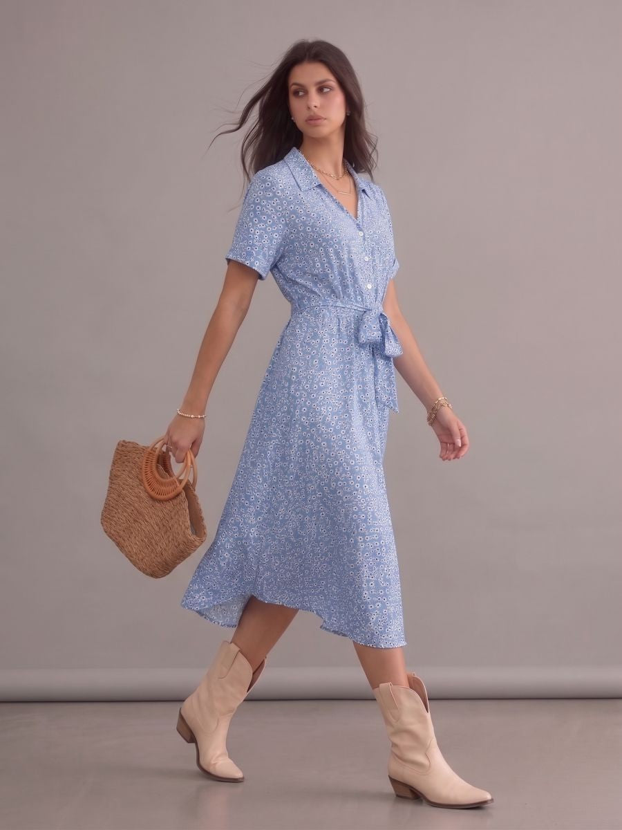 Robe bohème bleu ciel midi à imprimé fleuri, col en V, manches courtes, ceinturée
