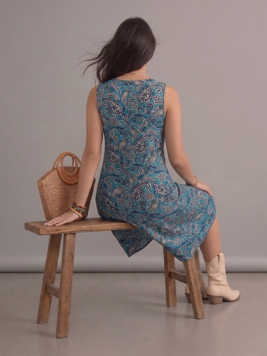 Robe bohème grande taille bleue à motif paisley, sans manches