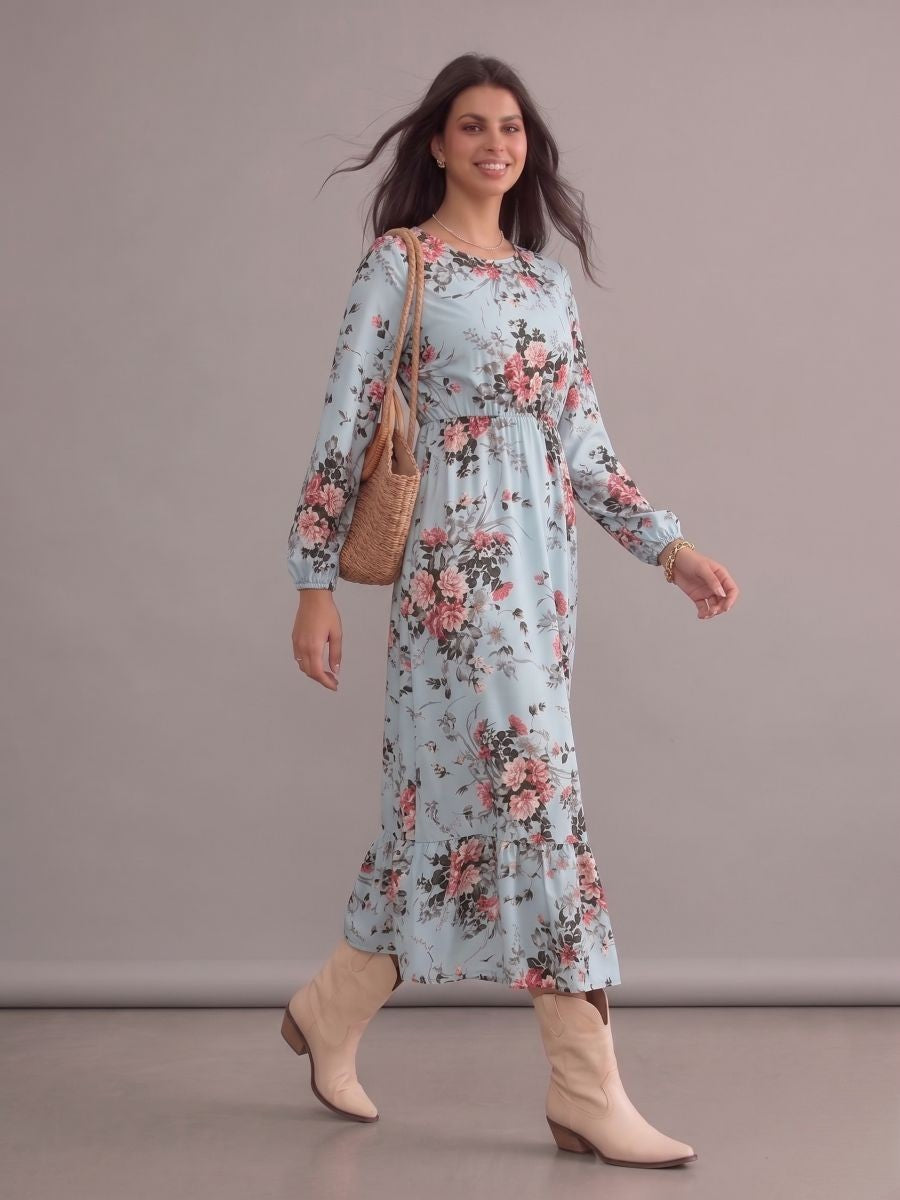 Robe longue bohème bleu pastel à imprimé floral, col rond, manches longues