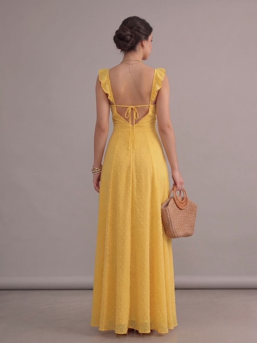 Robe longue bohème jaune fendue à col V