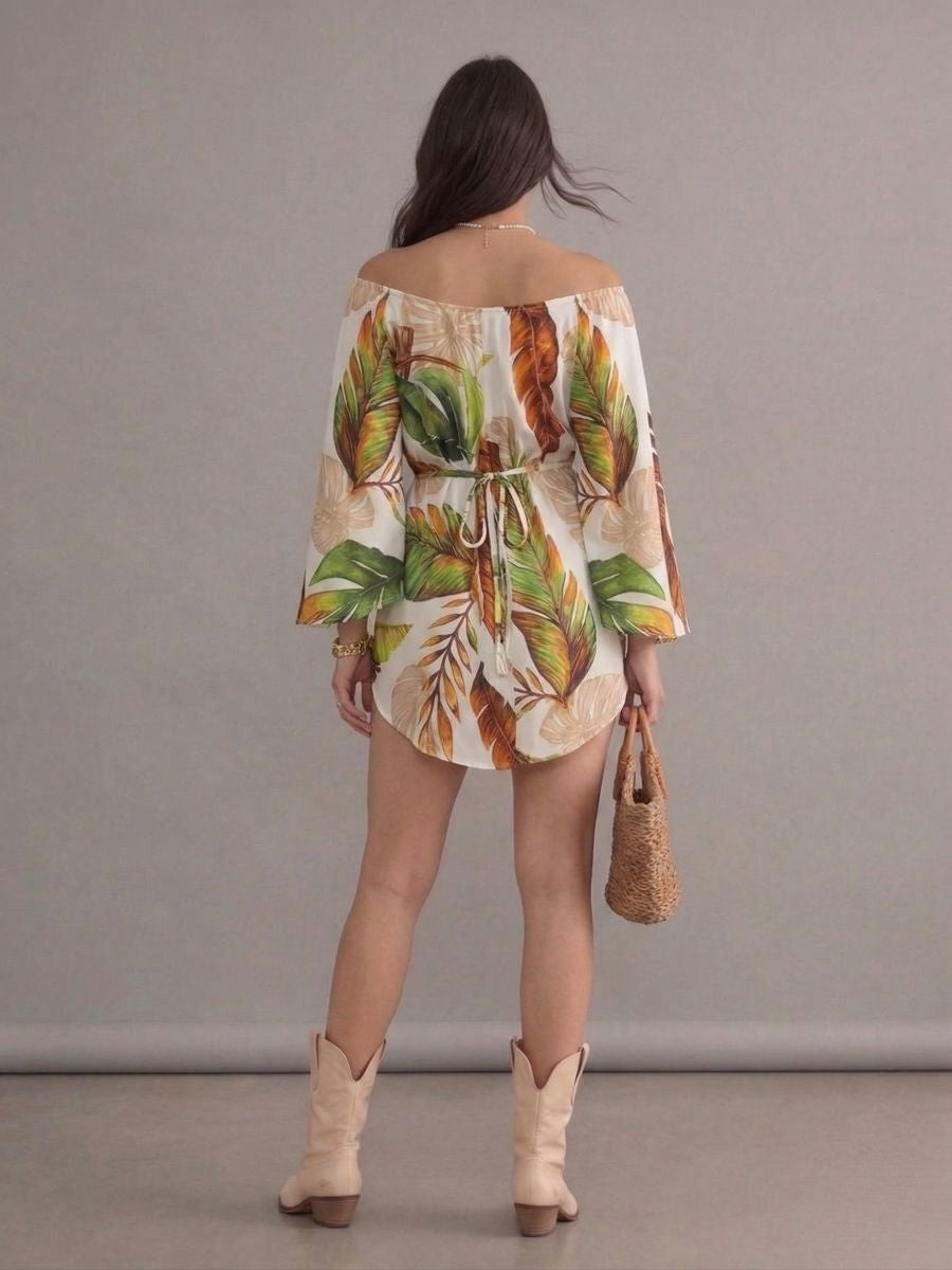 Robe bohème blanche et verte col en V manches chauve-souris à fleurs imprimées