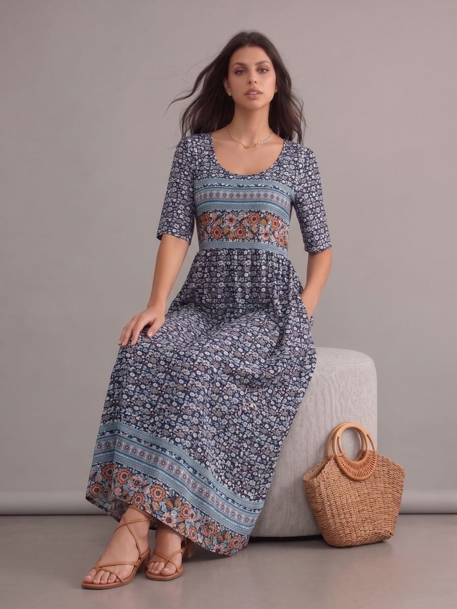Robe longue bohème chic bleue fleurie à col rond et manches courtes