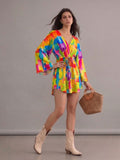 Robe bohème de plusieurs couleurs col en V manches chauve-souris imprimées