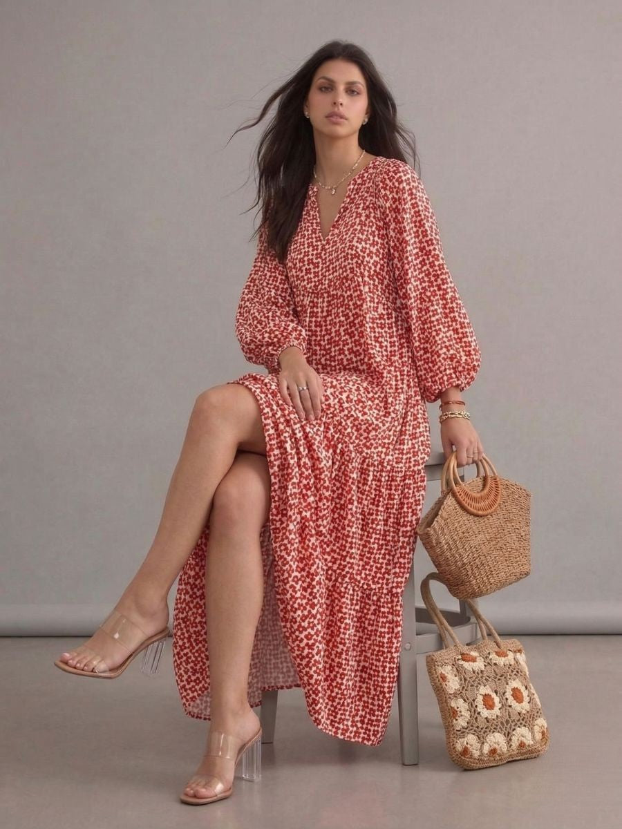 Robe longue bohème rouge à motifs imprimés