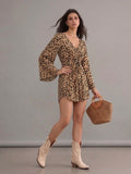 Robe bohème léopard col en V manches chauve-souris