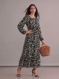 Robe bohème noire à imprimé floral, col rond et manches longues