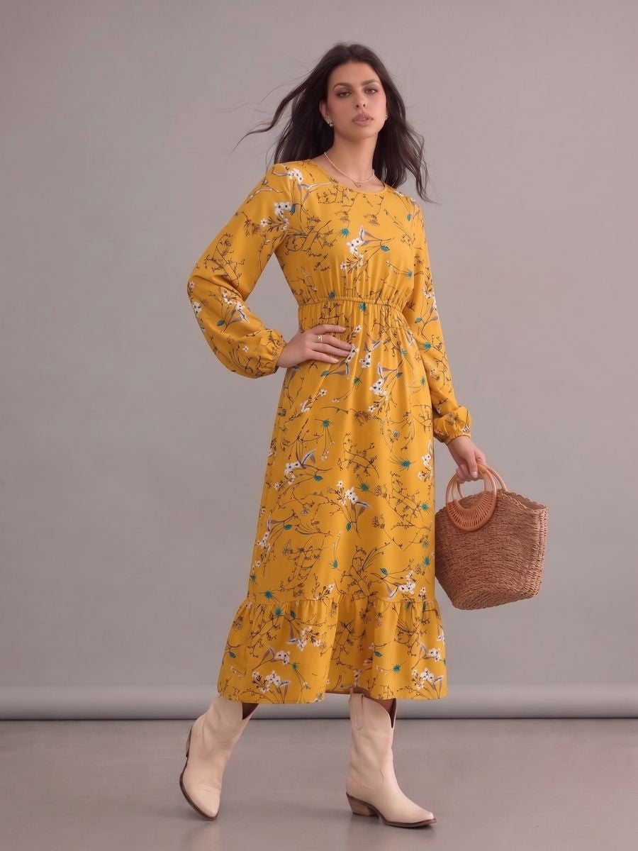 Robe bohème jaune fleurie à col rond et manches longues