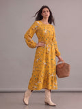 Robe bohème jaune fleurie à col rond et manches longues