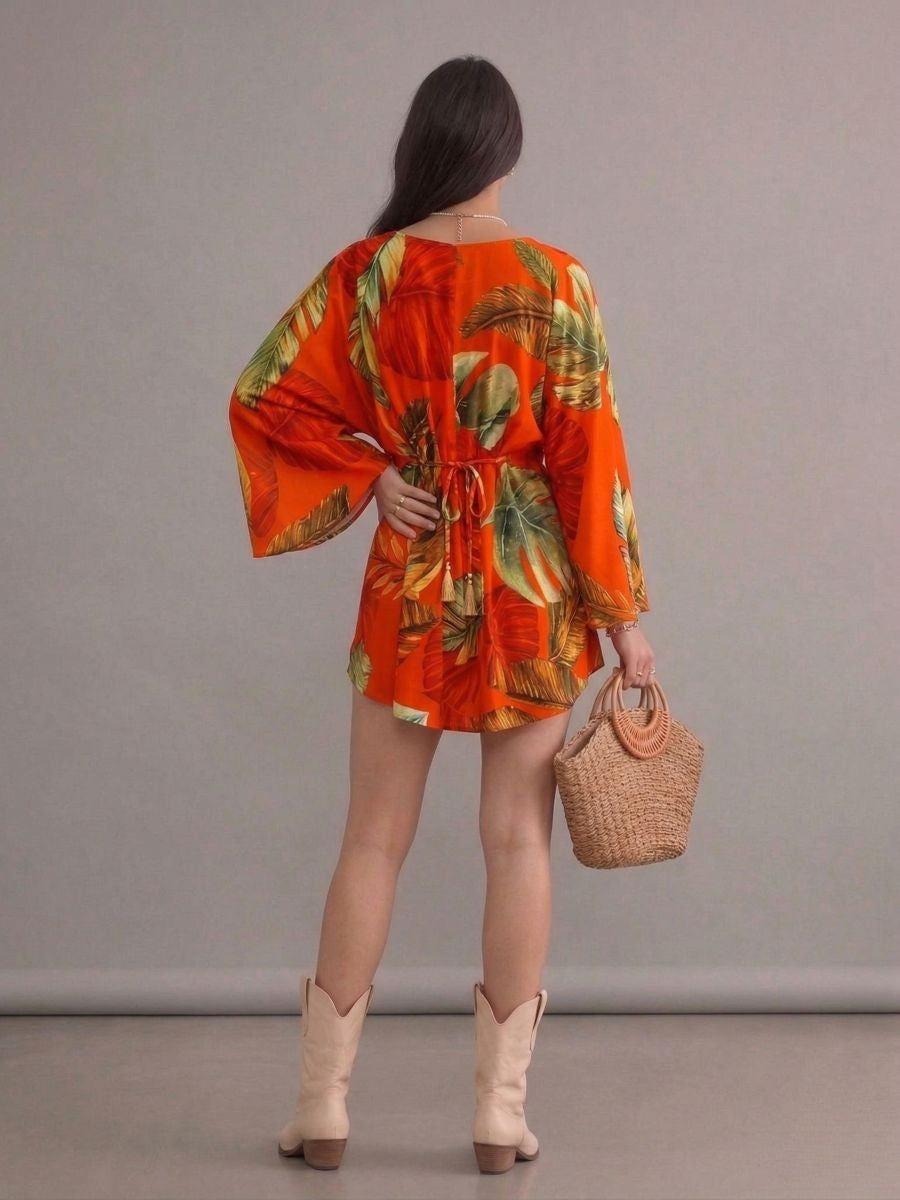 Robe bohème rouge col en V manches chauve-souris à fleurs imprimées