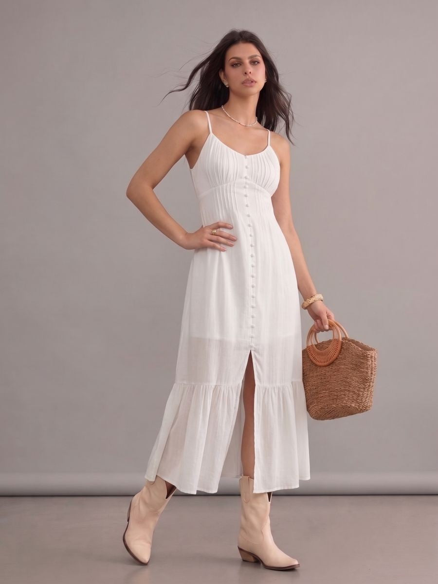 Robe longue bohème blanche chic boutonnée fendue à bretelles fines