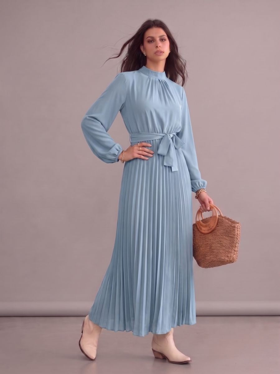 Robe longue bohème chic bleu ciel plissée à manches longues