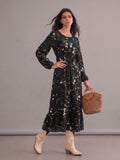 Robe bohème noire fleurie à col rond et manches longues
