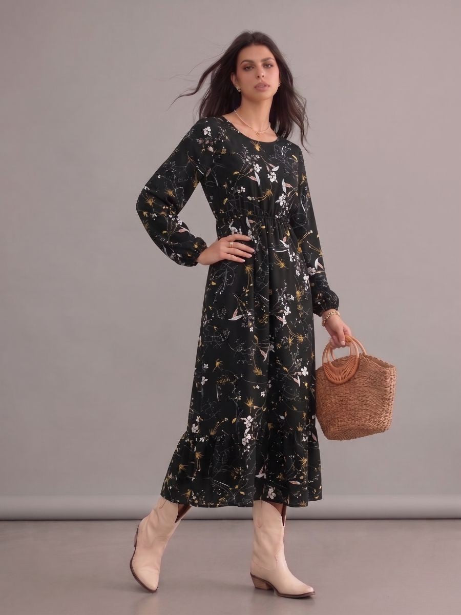 Robe bohème noire fleurie à col rond et manches longues