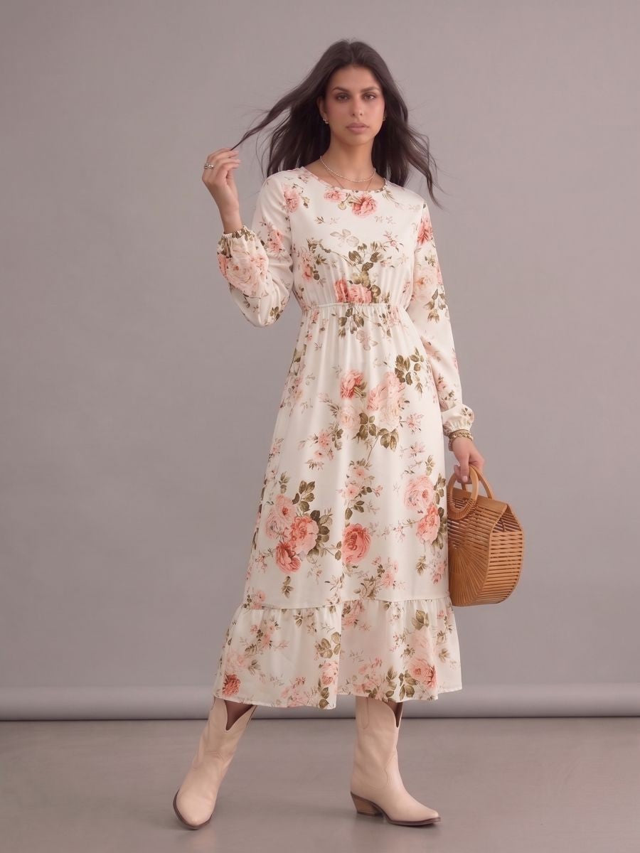 Robe bohème beige fleurie à col rond et manches longues