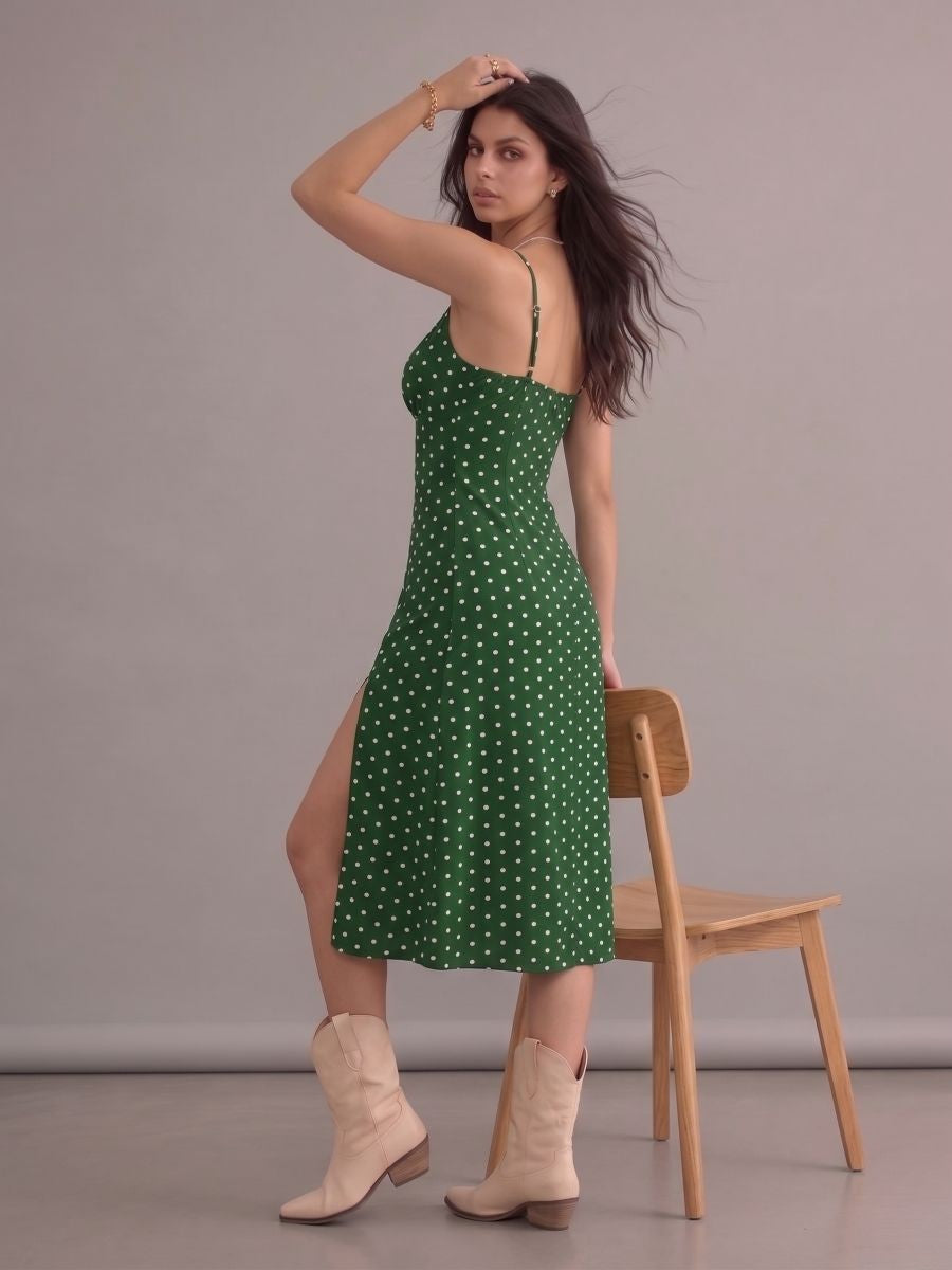Robe bohème verte à pois à bretelles fines et fente