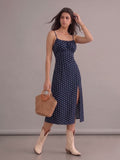 Robe bohème bleue à pois à bretelles fines et fente