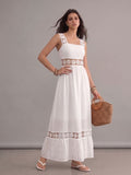 Robe longue bohème blanche en broderie anglaise à bretelles larges