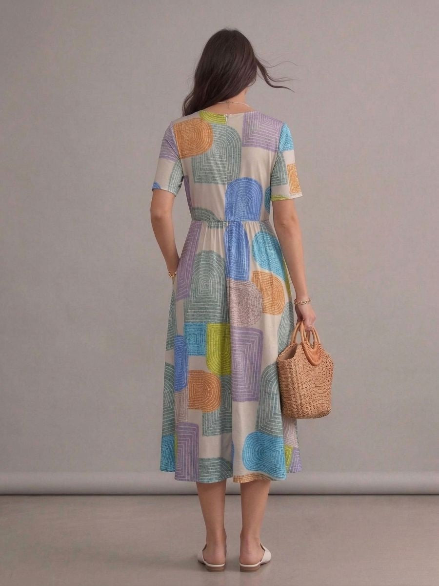 Robe longue bohème multicolore imprimée à carreaux col rond manches courtes