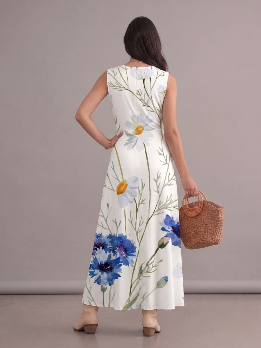 Robe bohème chic blanche fluide à imprimé fleurs bleues, col en V