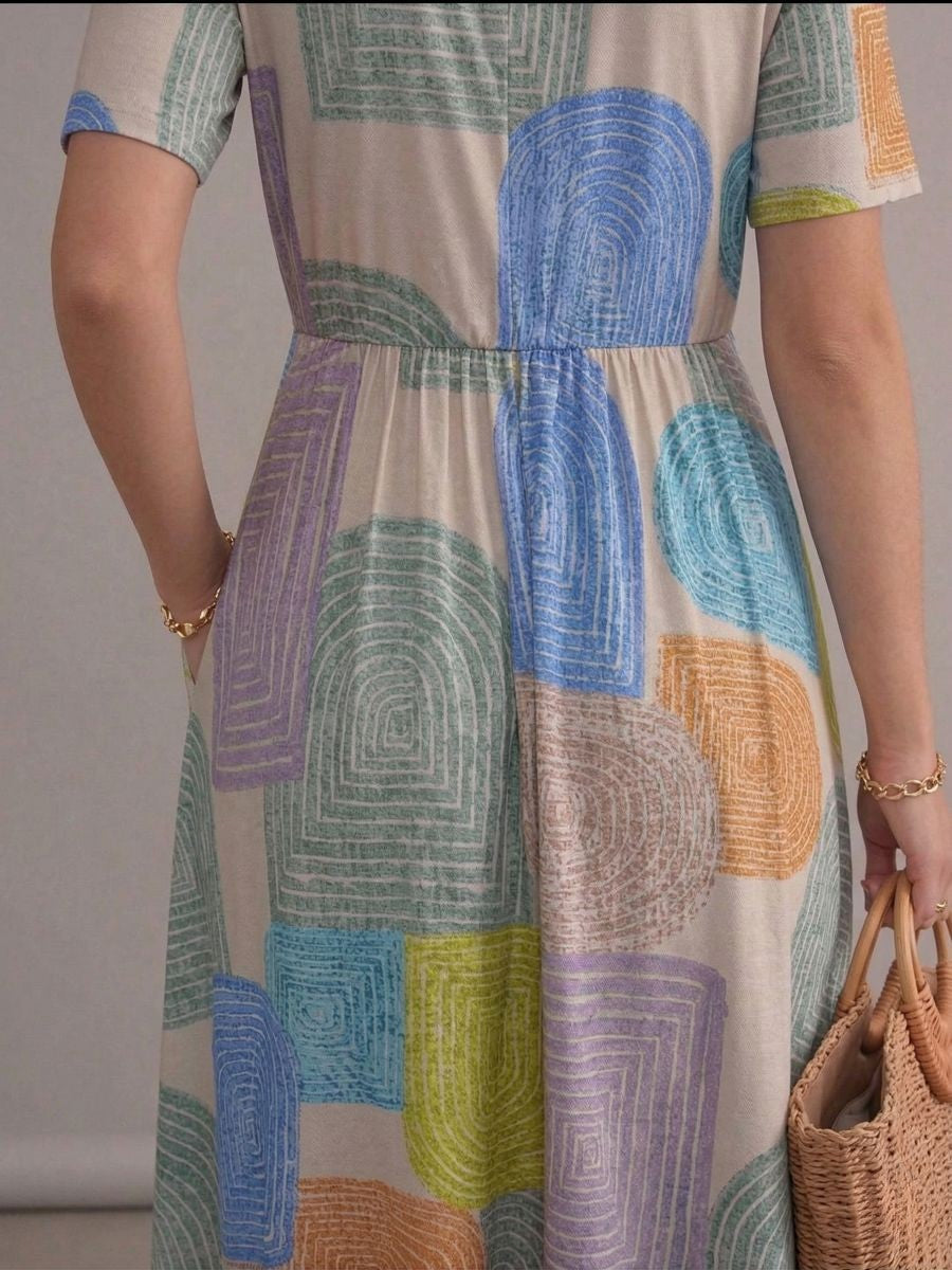 Robe longue bohème multicolore imprimée à carreaux col rond manches courtes