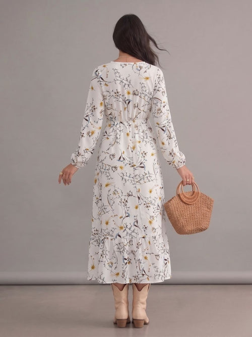 Robe bohème blanche à imprimé floral, col rond et manches longues