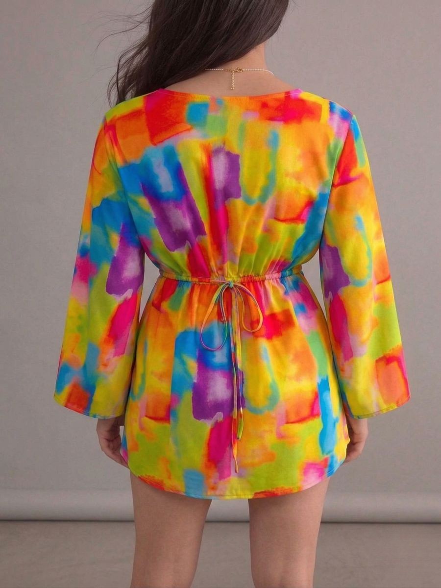 Robe bohème de plusieurs couleurs col en V manches chauve-souris imprimées