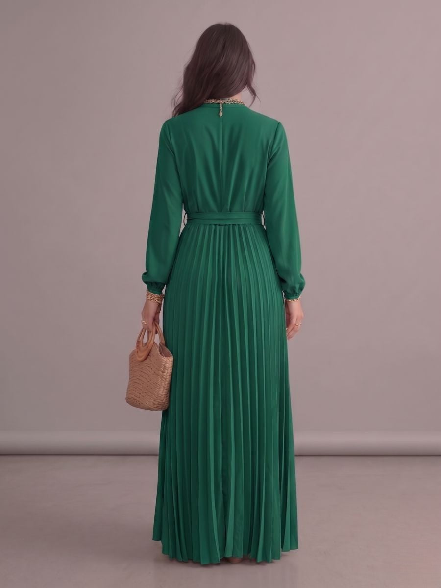 Robe longue bohème chic verte plissée à manches longues