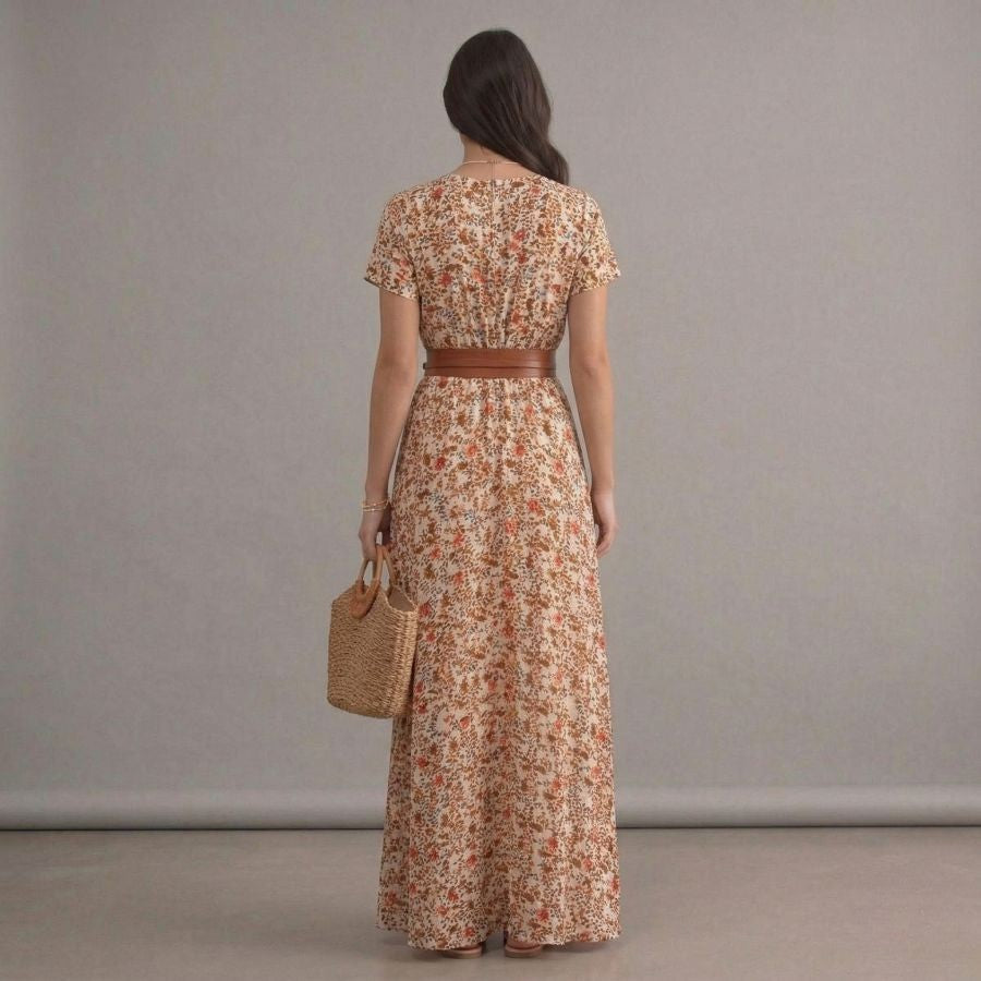 Robe bohème longue plissée florale beige à col en V
