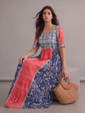Robe longue bohème chic rouge et bleue à imprimé floral, col rond, manches courtes