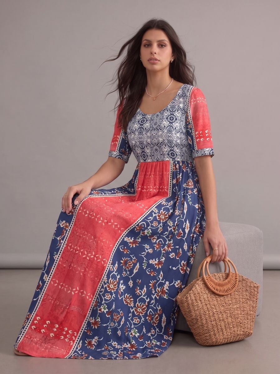 Robe longue bohème chic rouge et bleue à imprimé floral, col rond, manches courtes