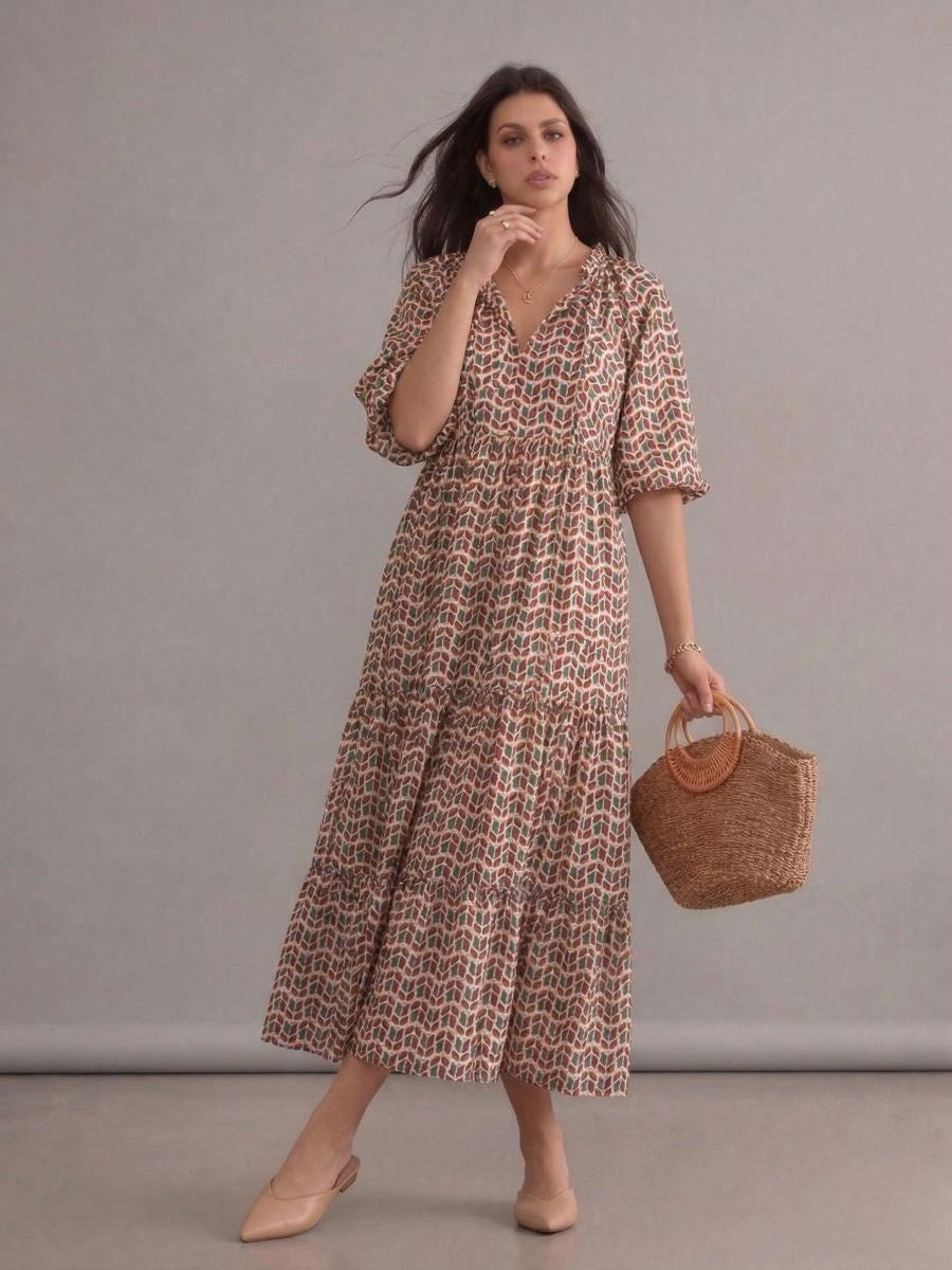 Robe longue bohème rose à motifs imprimés